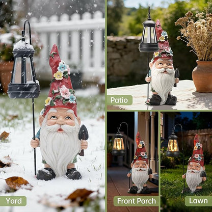 Garden Gnomes Statue with Solar Lantern, Outdoor Gnome Decorations for Yard, Outdoor Figurine Ornament with LED Lights for Patio Lawn, Mother's Day Birthday Gift for Women Mom Grandma