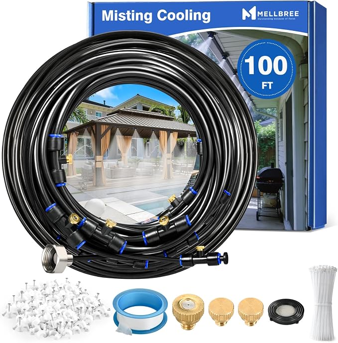 Mellbree Misters for Outside Patio 100FT/30M, Pre-Assembled Misting Cooling System with 30 Brass Nozzles & 3/4" Adapter, Outdoor Mister for Garden, Backyard, Livestock Ranch, Greenhouse, Pool Area