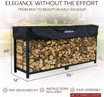Woodhaven 8-Foot Firewood Rack – American Brand – 1/2 Cord Raised Lumber Storage Rack – Keeps Wood Dry & Ready – Heavy-Duty Steel, Lifetime Structural Warranty (With Cover)
