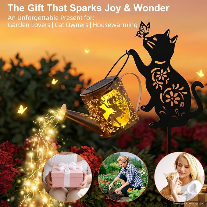 Solar Watering Can Light Outdoor Garden Decor Gifts for Cat Lover Mom Women | Cat Garden Decor, Rust-Resistant Metal, IP65 Waterproof, 8-12H Auto On/Off, Patio Pathway Yard