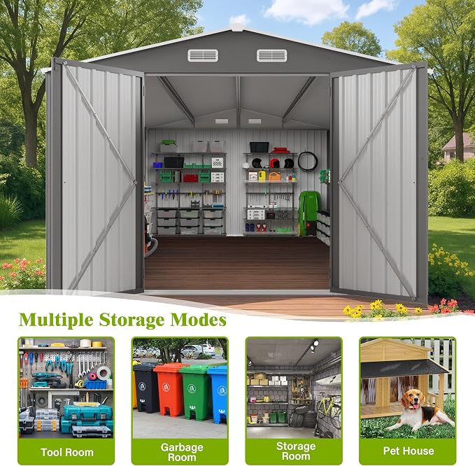 YOPTO 10x14 FT Large Outdoor Storage Shed,Durable Metal Garden Shed with Three Lockable Doors and Two Windows,Waterproof Tool Shed for Backyard Patio,All-Weather Shelter for Bike,Lawn Mowers,Grey