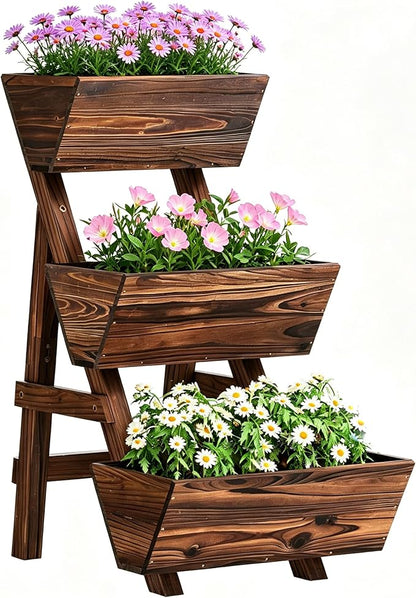 3-Tier Vertical Wooden Raised Garden Bed, Freestanding Garden Planter Box, Wood Flower Rack, Planter Box for Herbs, Vegetables, Outdoor Indoor Use, Small-Carbonized