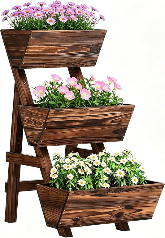 3-Tier Vertical Wooden Raised Garden Bed, Freestanding Garden Planter Box, Wood Flower Rack, Planter Box for Herbs, Vegetables, Outdoor Indoor Use, Small-Carbonized