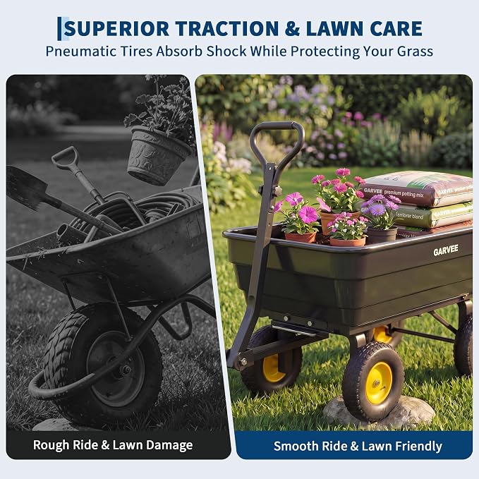 GarveeLife Poly Garden Dump Cart, 1200 lb Wheelbarrow Yard Cart with 13 in Wheels, Quick-Dump & Towable Utility Wagon for Yard, Soil, Rocks（Black）