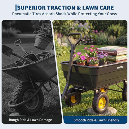 GarveeLife Poly Garden Dump Cart, 1200 lb Wheelbarrow Yard Cart with 13 in Wheels, Quick-Dump & Towable Utility Wagon for Yard, Soil, Rocks（Black）