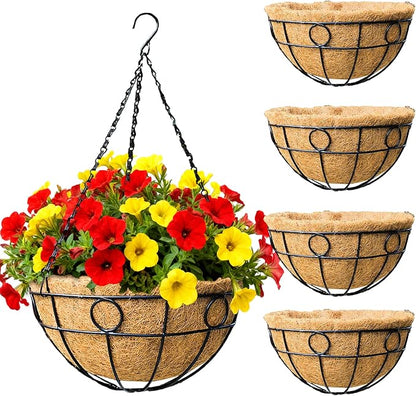 4 Pack 14" Round Metal Hanging Basket for Outdoor Plants Durable Large Hanging Planter with Coco Coir Round Plant Holders Planter for Outside Garden Decoration (Circular)