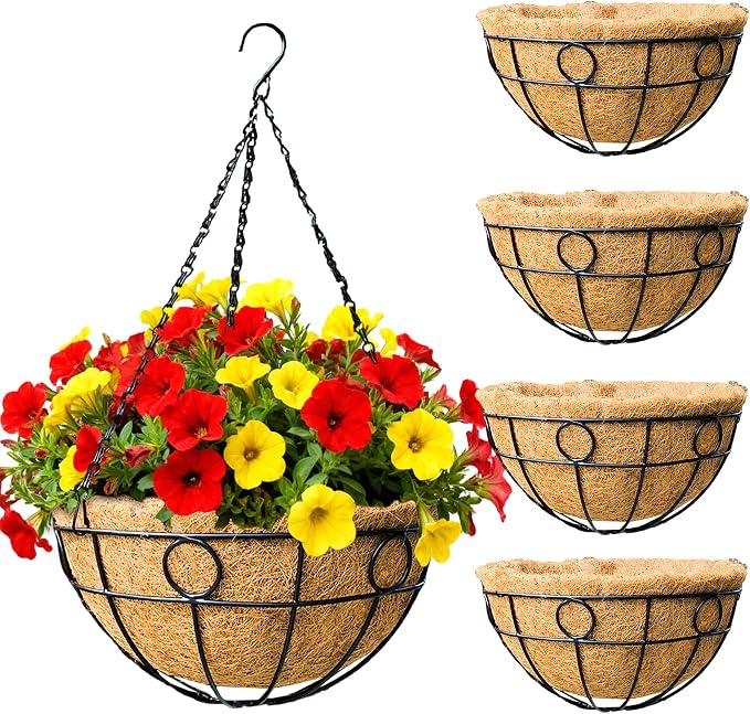 4 Pack 16" Round Metal Hanging Basket for Outdoor Plants Durable Large Hanging Planter with Coco Coir Round Plant Holders Planter for Outside Garden Decoration (Circular)