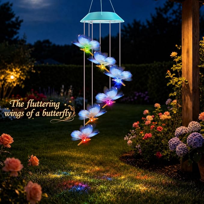 Toodour Solar Wind Chime, Color Changing LED Swaying Butterfly Wind Chimes, Upgrade Butterfly with Fluttering Wings, Waterproof Solar Outdoor Light Decor for Garden Window Patio, Gift for Mom Grandma