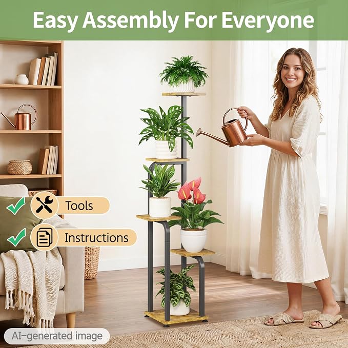 LASZOLA 5 Tiered Plant Stand Tall for Indoor Corner with Grow Lights, Modern Multiple Flower Display Rack with Wooden Tray, Vertical Planter Shelf for Living Room Bedroom Patio Garden Balcony, Black