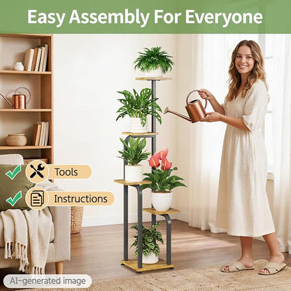 LASZOLA 5 Tiered Plant Stand Tall for Indoor Corner with Grow Lights, Modern Multiple Flower Display Rack with Wooden Tray, Vertical Planter Shelf for Living Room Bedroom Patio Garden Balcony, Black