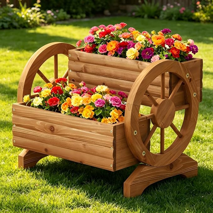 Wooden Wagon Planter Outdoor Flower Cart with Wheels Garden Planter, Decor Planter for Patio Decoration Succulent Flower Pot for Indoor Backyard Yard Decor Porch Balcony Planters (Brown, Medium)