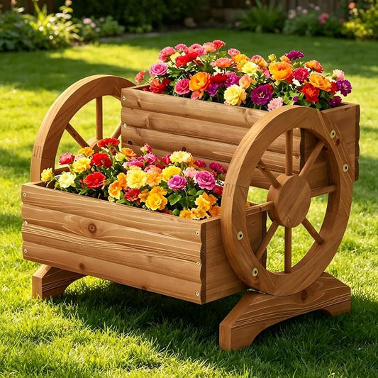 Wooden Wagon Planter Outdoor Flower Cart with Wheels Garden Planter, Decor Planter for Patio Decoration Succulent Flower Pot for Indoor Backyard Yard Decor Porch Balcony Planters (Brown, Medium)