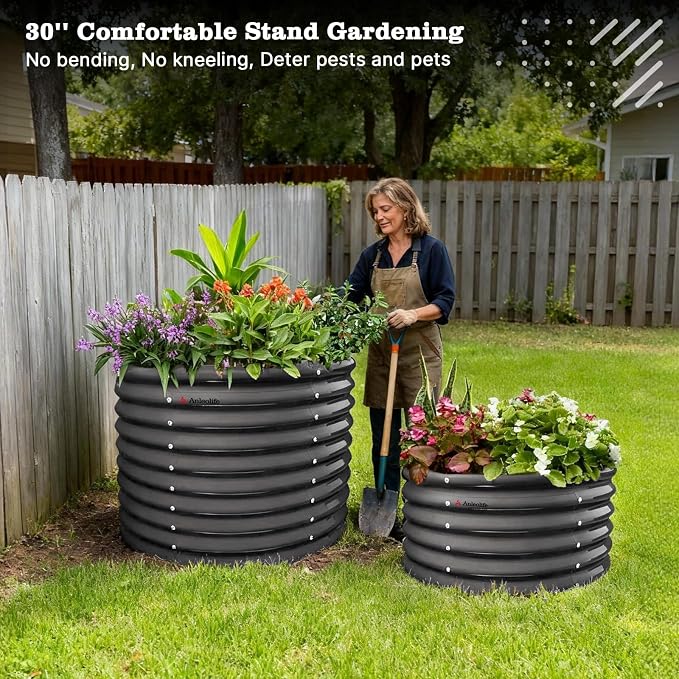 A ANLEOLIFE 30" Extra Tall Galvanized Raised Garden Beds Outdoor, 3x2.5ft Round Metal Planter Boxes for Planting Vegetables, Flowers, Fruits, Eco-Safe & Easy Setup, Quartz Grey