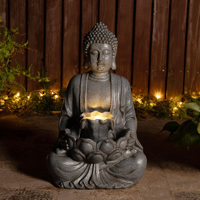 Glitzhome 23.25" Zen Buddha Fountain, Outdoor Water Fountain with LED Light, Polyresin Stone Powder Concrete Finish Meditating Buddha Statue for Garden Patio Yard Deck, 4 Warm LED Lights
