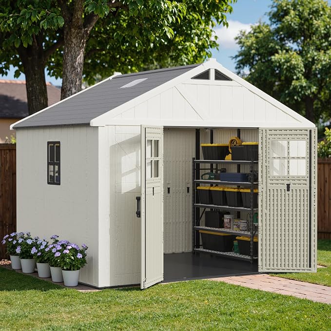 Greesum 10X8FT Plastic Outdoor Storage Shed with Floor and Lockable Door, Resin Sheds with 4-Windows and Multiple Skylights, HDPE Kick-it Shed for Garden, Patio, Backyard, Beige