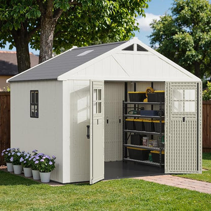 Greesum 10X8FT Plastic Outdoor Storage Shed with Floor and Lockable Door, Resin Sheds with 4-Windows and Multiple Skylights, HDPE Kick-it Shed for Garden, Patio, Backyard, Beige