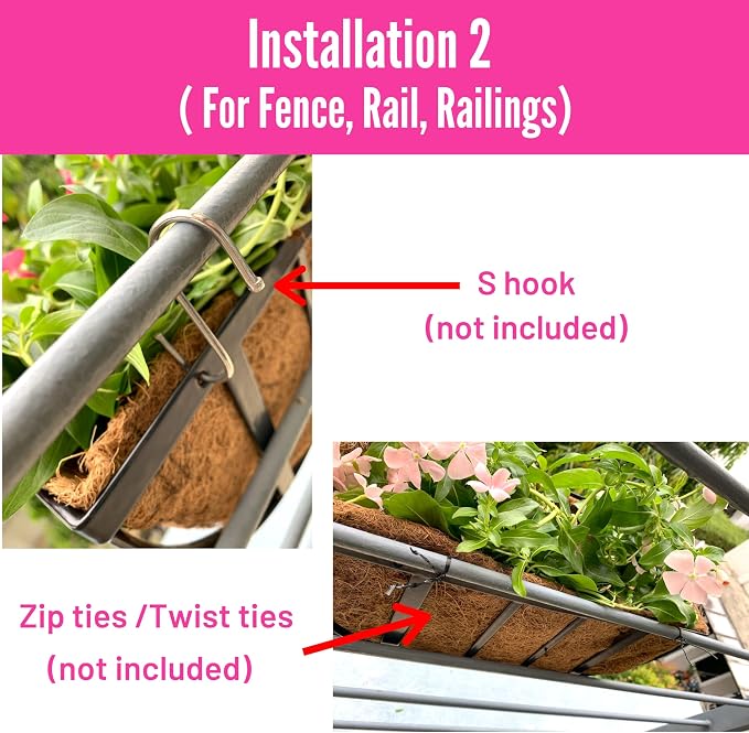 LaLaGreen Wall Planters for Outdoor Plant (16 Inch, 4 Pack) Deck Railing Planter Boxes for Outside Plants Window Flower Box with Coco Liners Metal Horse Troughs Fence Garden Herb Patio Porch over Rail