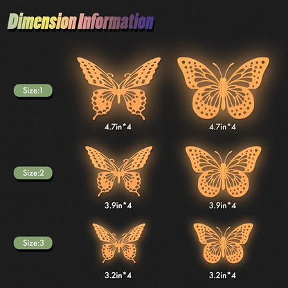 SAOROPEB Glow in The Dark 3D Butterfly 24 Pcs 3 Sizes, Luminous Butterfly Stickers for Ceiling or Wall, Glow in The Dark Party Supplies, Removable Luminous Stickers for Kids Babys Nursery (Orange)