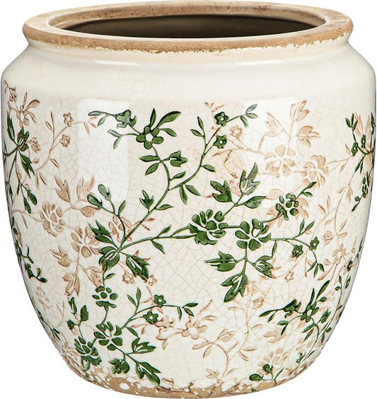 LemonRoad 7 Inch Large Vintage Ceramic Planter with Drainage Holes Ice Crackle Flower Vase Flower Pot with Rustic Greenery Pattern for Indoor Outdoor Plants Garden Home Kitchen Office Shelf Decor