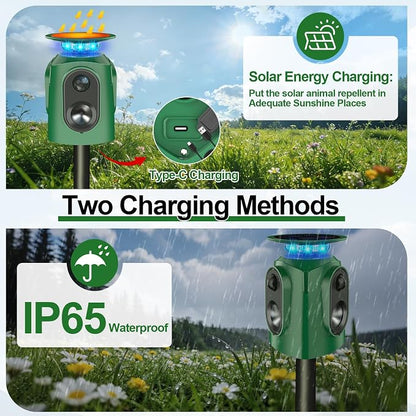 Upgraded Solar Ultrasonic Animal Repellent,360° Cat Repellent Outdoor with Motion Sensor,IP65 Waterproof Dog Repeller with Flash Light to Drive Away Rabbit Deer Squirrel Skunk for Yard Garden Lawn