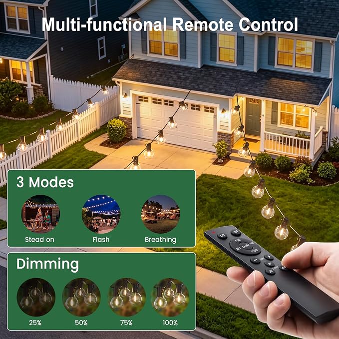 LED Outdoor-String-Lights with Remote 75FT Waterproof Patio lights for Yard | 1FT Bulbs Apart, Dimmable Edison lights String, Connectable Patio Lights with Remote,Timer, 3 Modes for Backyard, Bistro