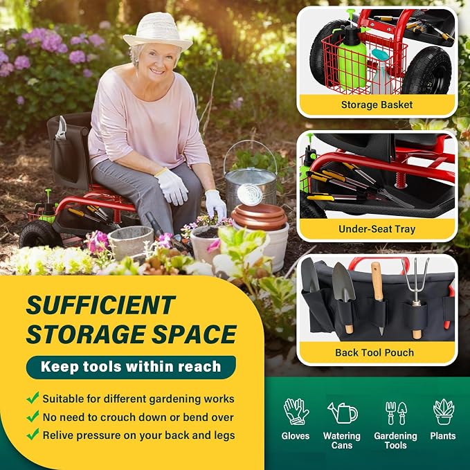 Baotree Garden Seat with Wheels, Rolling Garden Stool with Adjustable 360°Swivel Seat, Storage Basket & Extendable Handle, Outdoor Gardening Scooter, Garden Cart Workseat Stools for Seniors