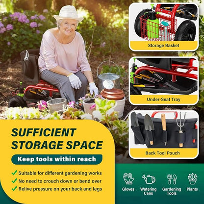 Baotree Garden Seat with Wheels, Rolling Garden Stool with Adjustable 360°Swivel Seat, Storage Basket & Extendable Handle, Outdoor Gardening Scooter, Garden Cart Workseat Stools for Seniors