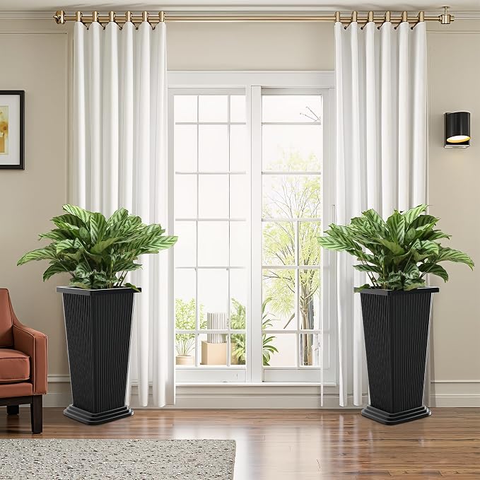 FENCY Set of 2 Tall Planters for Outdoor Plants, Black Ribbed | 24 Inch, with Drainage Hole & Trays, Plastic Tapered Pots, Weather-Resistant, Front Door Decor