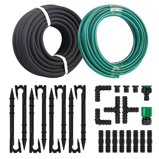 Customized Water Saving Soaker Hose System - 1/2 Inch x 50ft Soaker Hose with 25ft PVC Garden Hose, Drip Irrigation Watering Hose Kits with Fittings for Root Watering Your Garden & Vegetable Patch