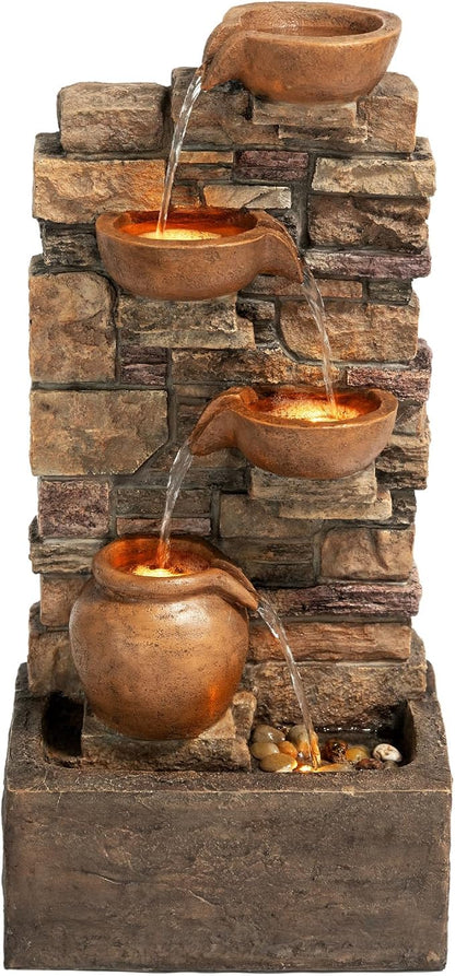 Teamson Home 28.5" Outdoor 4-Tier Stacked Stone Cascading Water Fountain with LED Lights, Brown | Cascading Water, LED Lights