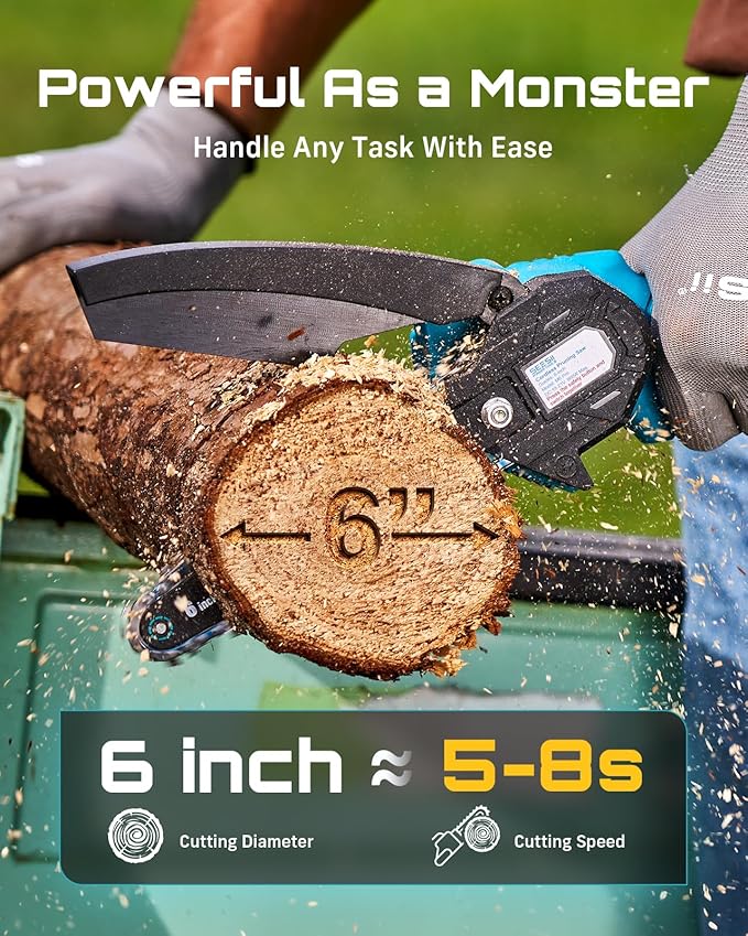 Seesii Mini Chainsaw, 6-inch Mini Chainsaw Cordless, Handheld Electric Power Chain Saw with 2 Batteries, for Tree Trimming Wood Cutting, Best Gifts for Father, Dad, Husband, Men