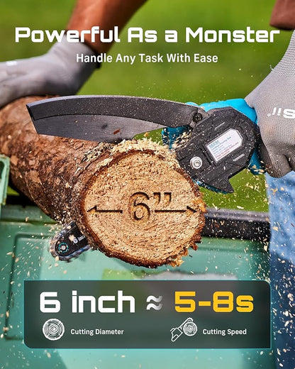 Seesii Mini Chainsaw, 6-inch Mini Chainsaw Cordless, Handheld Electric Power Chain Saw with 2 Batteries, for Tree Trimming Wood Cutting, Best Gifts for Father, Dad, Husband, Men