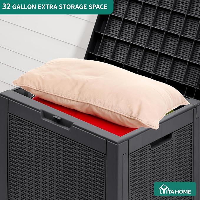 YITAHOME 32 Gallon Rattan Deck Box | Indoor Outdoor Storage Box for Patio Furniture, Pool Accessories, Cushions, Garden Tools, Sports Equipment, Waterproof Resin