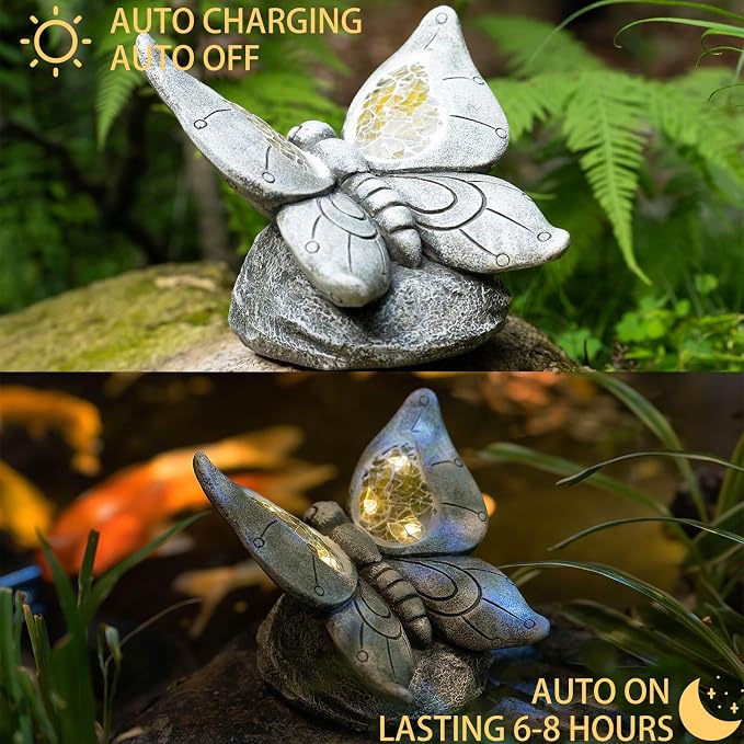Rezpuao Garden Statue Butterfly,Solar Butterfly Decor for Outdoor,Resin Butterflies Figurine with Solar Light for Patio,Balcony,Yard,Lawn Ornament,Perfect Garden Gift