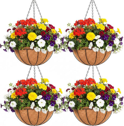 EIMQUVW Outdoor Metal Hanging Planters Basket (4pack, 14 inch) Hanging Baskets for Plants Chain Round Wire Plant Holder with Coco Fiber Liners for Garden, Patio, Deck, Porch
