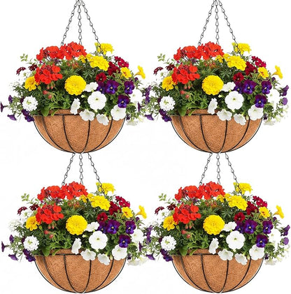 EIMQUVW Outdoor Metal Hanging Planters Basket (4pack, 8 inch) Hanging Baskets for Plants Chain Round Wire Plant Holder with Coco Fiber Liners for Garden, Patio, Deck, Porch