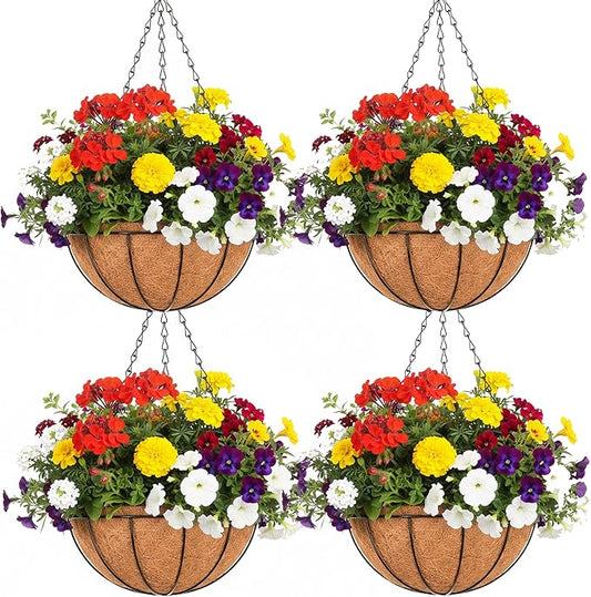EIMQUVW Outdoor Metal Hanging Planters Basket (4pack, 8 inch) Hanging Baskets for Plants Chain Round Wire Plant Holder with Coco Fiber Liners for Garden, Patio, Deck, Porch