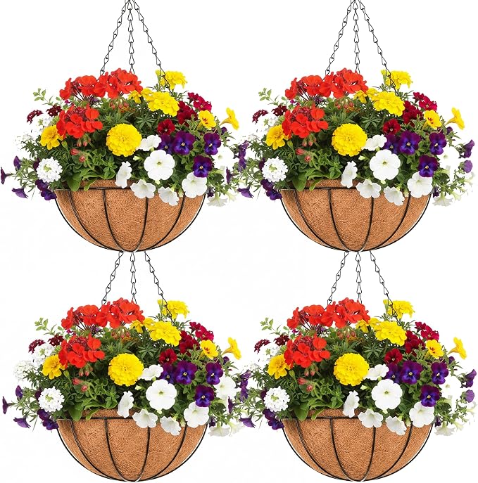 EIMQUVW Outdoor Metal Hanging Planters Basket (4pack, 12 inch) Hanging Baskets for Plants Chain Round Wire Plant Holder with Coco Fiber Liners for Garden, Patio, Deck, Porch