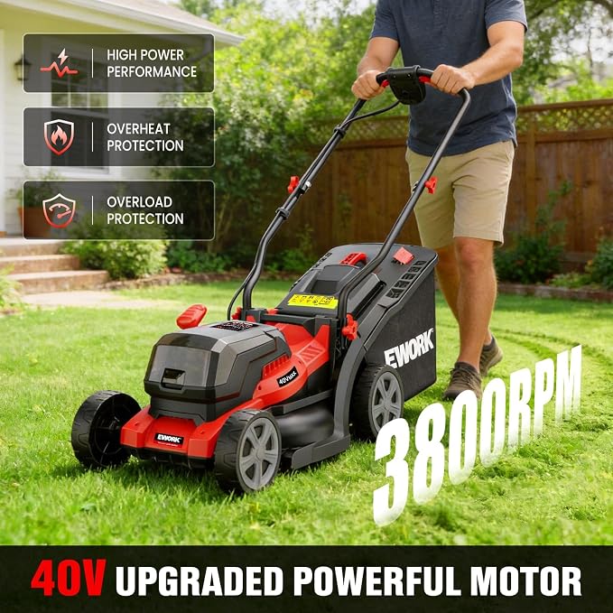 EWORK 40V 14" Electric Lawn Mower Cordless with 2*4.0Ah Batteries & Charger | 6-Height Adjustment, Electric Push Mower with 9-Gallon Grass Bag, Battery Powered Lawnmower for Yard, Lawn Care