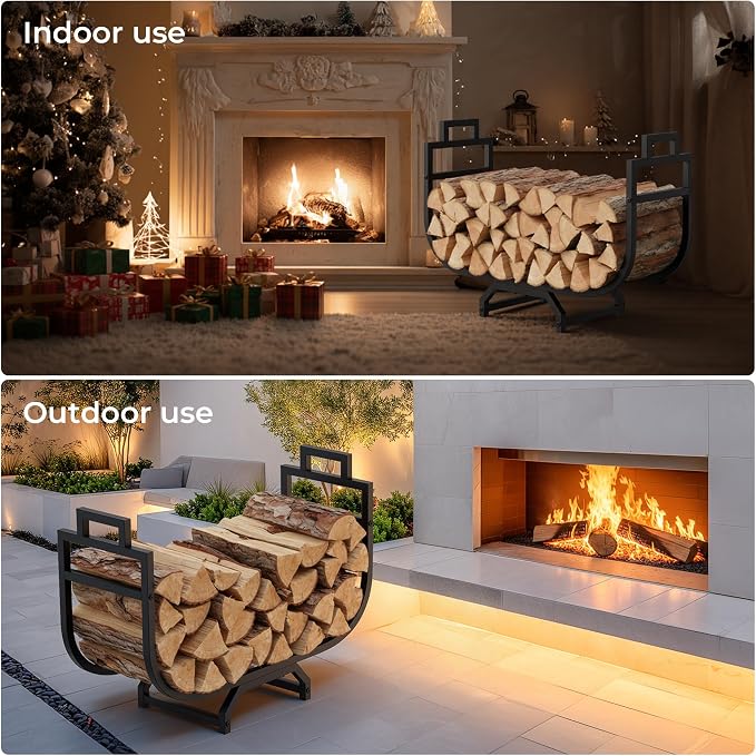 34 Inch Firewood Rack with Log Carrier Bag, Outdoor Indoor Fire Wood Rack Holder with handles, Metal Heavy Duty Log Holder Storage for Fireplace Patio Deck