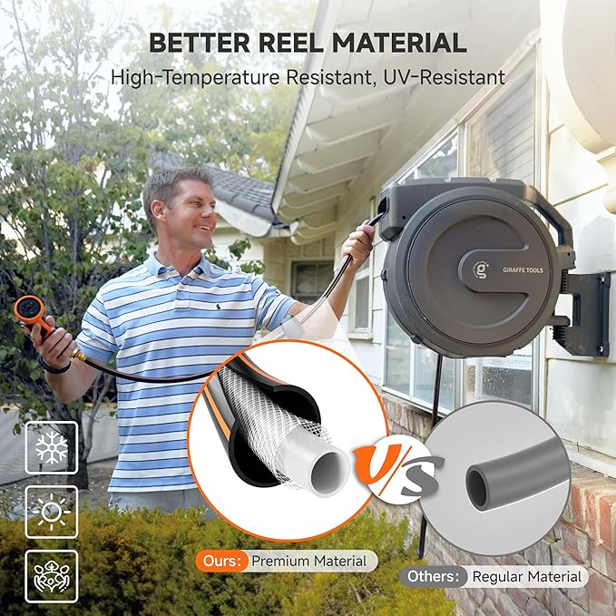 Giraffe Tools Heavy-Duty Wall-Mounted Hose Reel, 5/8" x 90 ft Retractable Hose with Automatic Rewind, 180° Swivel, Any-Length Lock & 7-Pattern Nozzle (Dark Grey)