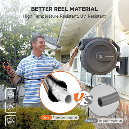 Giraffe Tools Heavy-Duty Wall-Mounted Hose Reel, 5/8" x 90 ft Retractable Hose with Automatic Rewind, 180° Swivel, Any-Length Lock & 7-Pattern Nozzle (Dark Grey)