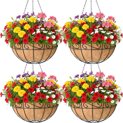 4 Pack 12 Inch Hanging Baskets for Plants Outdoor Metal Hanging Planter Basket with Coco Coir Liner Hanging Flower Baskets Hangings Flower Pots Holder for Garden, Patio(Flower)