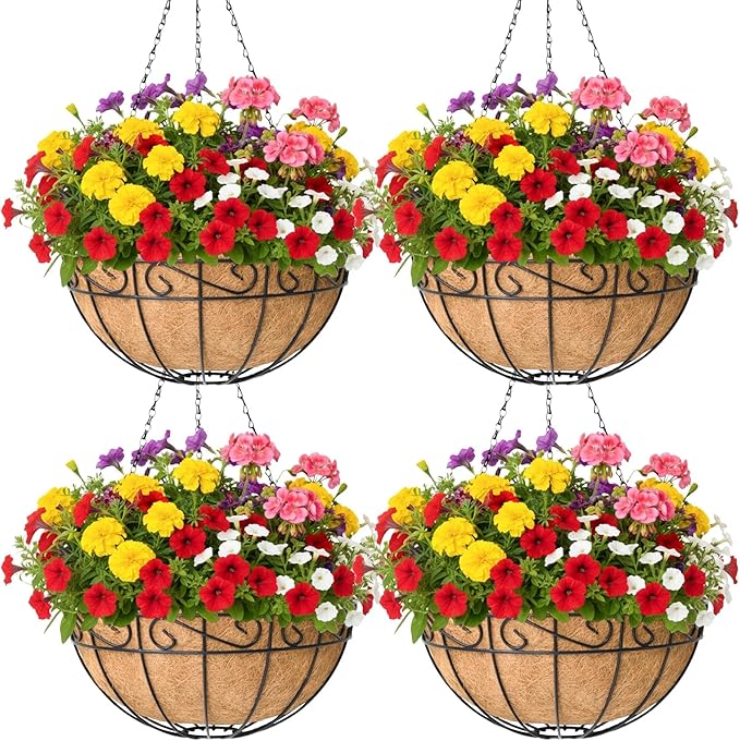 4 Pack 14 Inch Hanging Baskets for Plants Outdoor Metal Hanging Planter Basket with Coco Coir Liner Hanging Flower Pots Holder for Garden, Patio(Flower)