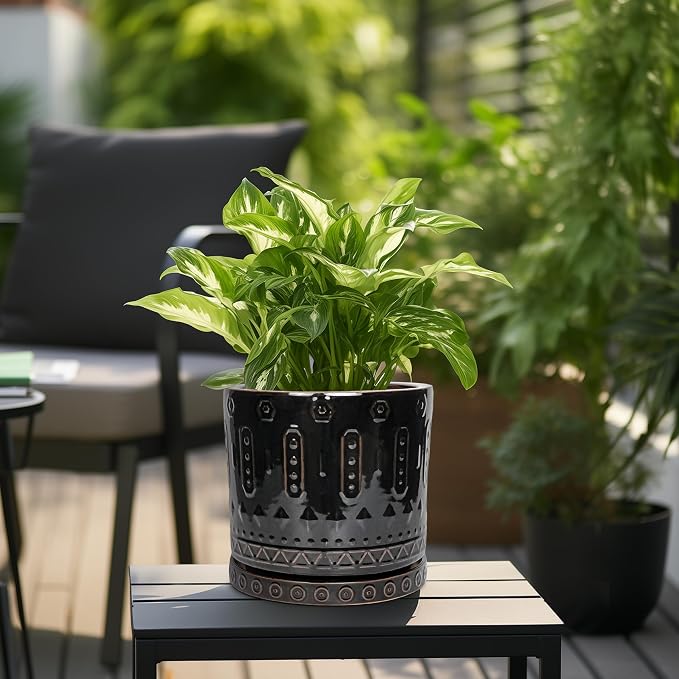 Eightpot Ceramic Planter for Indoor Plants - 10 Inch Plant Pots with Drainage Hole and Saucer, Round Decorative Flower Pots Outdoor, Boho Large Planter, Room Decor, House Warming Gifts, Black