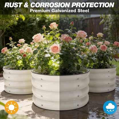 SHALL 8PC Galvanized Raised Garden Bed Kit, 3Pc 2x2x1ft Round Planter Boxes Outdoor W/Mini Seed Spreader, Disk Seeder, 2X Seeding Transplanters, Protective Gloves for Flowers Fruits Vegetables Herbs