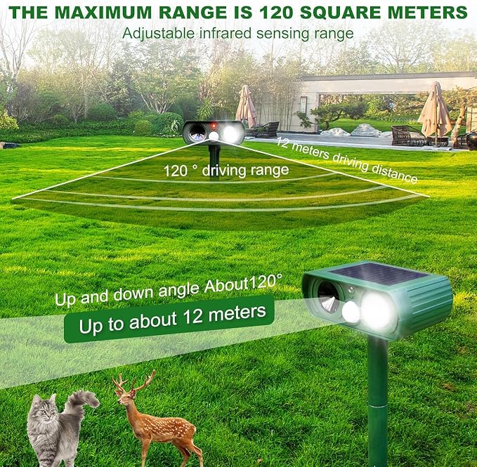 Solar Ultrasonic Animal Repeller, 2025 Cat Repellent Outdoor,Waterproof Deer Repellent for Raccoon,Dog,Fox, Deer, Skunk,Squirrel, Rabbit with LED Flashing and Motion Outdoor Farm,Sound Green M1