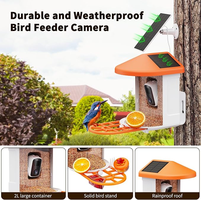 HARYMOR Bird Feeder with Camera | AI Identify Birds Species, Solar Powered, Smart Bird House with Cam, 2K HD Video Live Stream, Instant Arrival Alerts - Orange