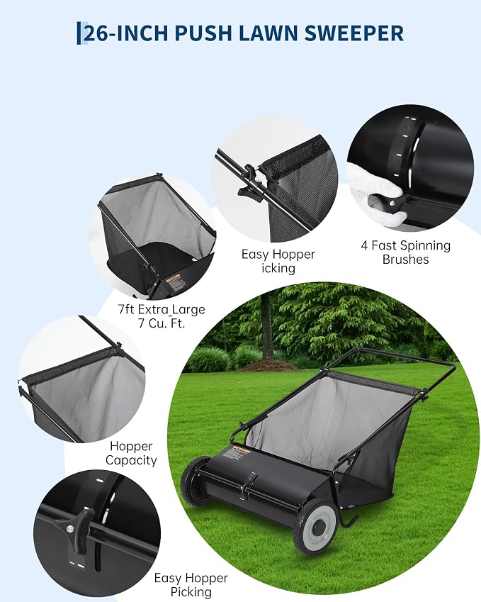 GarveeLife 26 Inch Push Lawn Sweeper with 4 Spinning Brushes, 7 Cu.ft Large Capacity Leaf Collector, Adjustable Height Grass Sweeper, All Terrain Lawn Leaf Debris Removal Tool for Yard Garden Patio