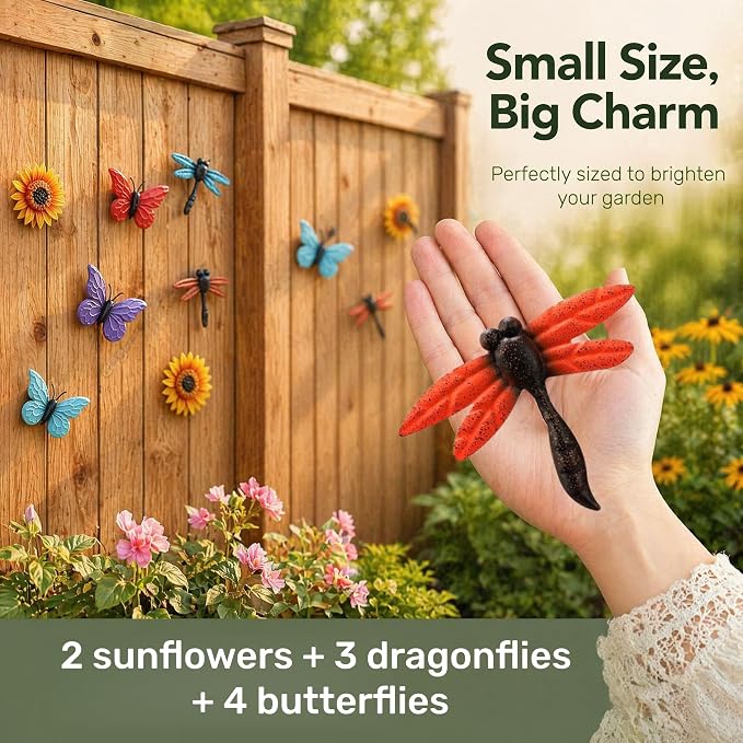 Pumtus 9 Pack Metal Flowers Wall Decor, Small Outdoor Fence Decoration, Butterfly Dragonfly Wall Art Ornament, Hanging Sunflower Animal Sculptures for Garden Patio Backyard Deck Home